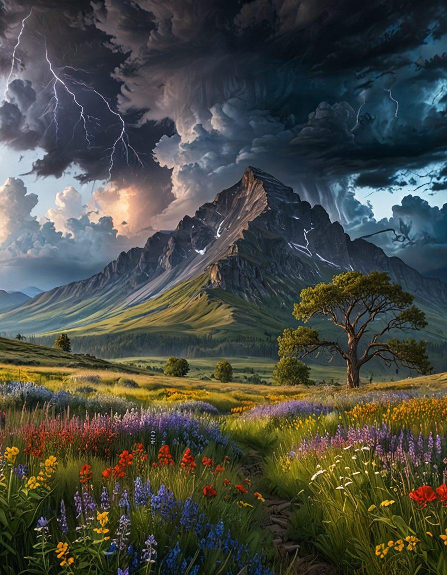 A majestic landscape featuring a towering mountain standing resiliently against a fierce storm, symbolizing tenacity. Below, a vibrant meadow filled with wildflowers thrives despite the harsh weather, illustrating nature's power. A lone tree, deeply rooted, bends under the wind yet stands strong, embodying resilience. Envelop the scene with dramatic clouds and flashes of light, capturing the essence of unyielding nature. super-realistic. vibrant colors. dramatic lighting.