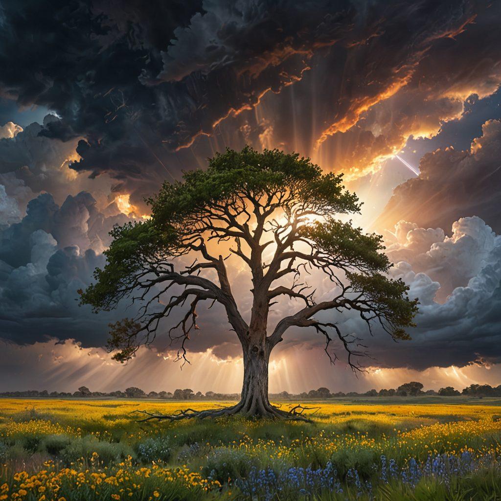 A serene landscape showcasing a majestic, solitary tree standing strong against a backdrop of turbulent skies, symbolizing resilience amidst chaos. Include elements like stormy clouds with rays of sunlight breaking through, and wildflowers blooming at its roots, displaying hope and determination. The scene should evoke a sense of tranquility despite the uncertainty around it. super-realistic. vibrant colors. dramatic lighting.