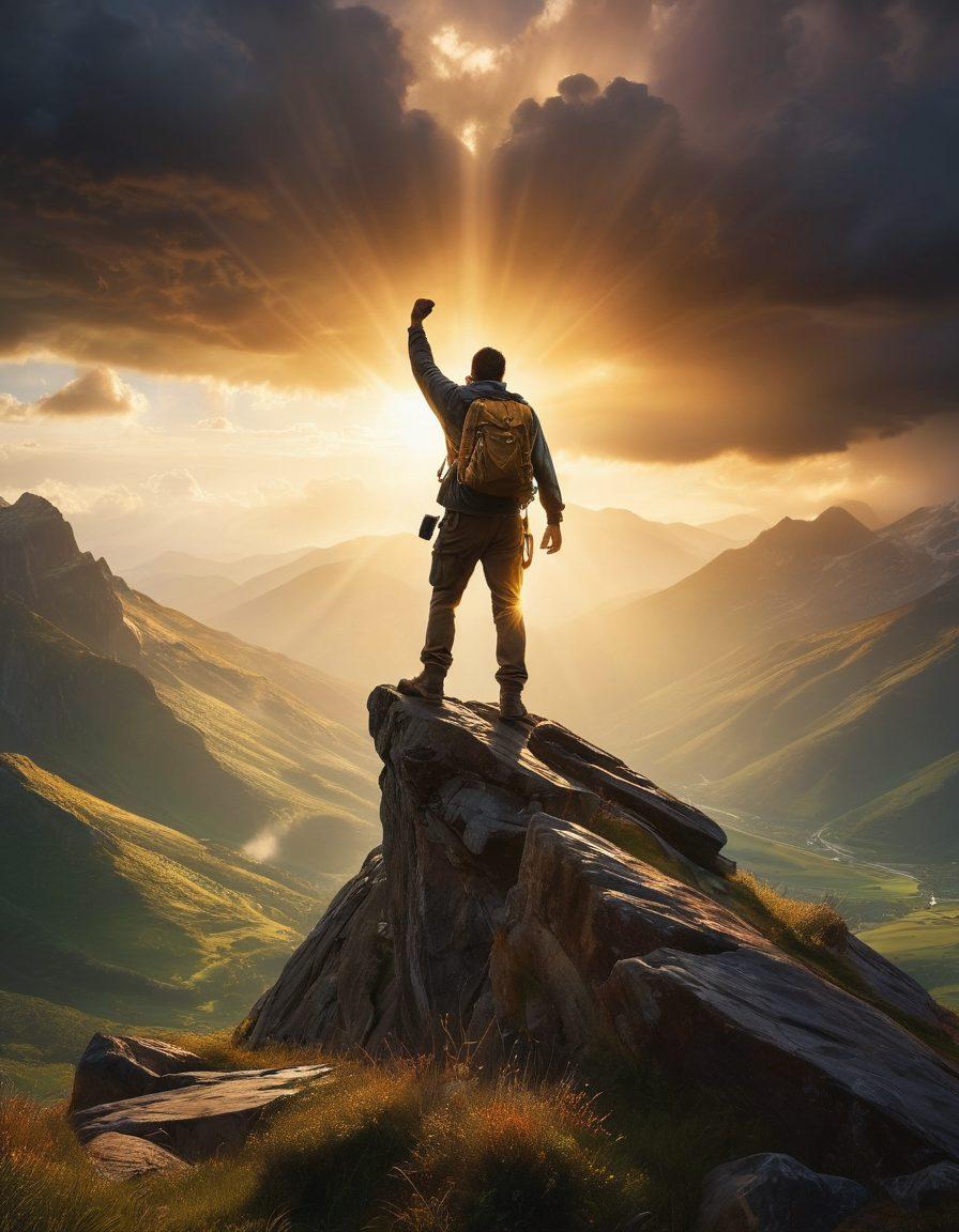 A determined figure standing tall on a mountain peak, overlooking a vast landscape as storm clouds gather, symbolizing tenacity and resilience. The figure should radiate strength with a clenched fist, while the backdrop displays contrasting elements of struggle and beauty. Incorporate dramatic lighting with rays of sunshine breaking through the clouds, illuminating the figure. super-realistic. vibrant colors. epic landscape.